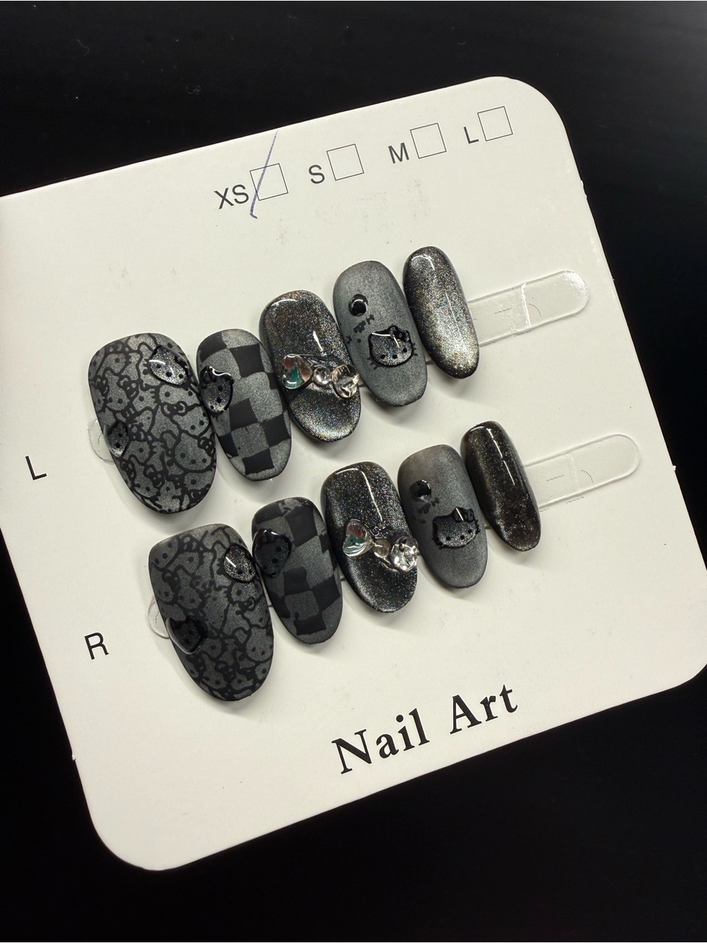 Black & Gunmetal Matte Hello Kitty Press-On Nail Xsmall